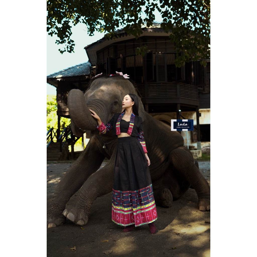 Vietnamese Hmong Print Polyester Wrap Top &amp; Cotton Skirt Set – Cream &amp; Black | S–XL Sizes for Women One-Sake.com ครีม / L ครีม / S ครีม / M ครีม / S-ครีม / M-ครีม / L-ครีม / XL-ดำ / S-ดำ / M-ดำ / L-ดำ / XL-