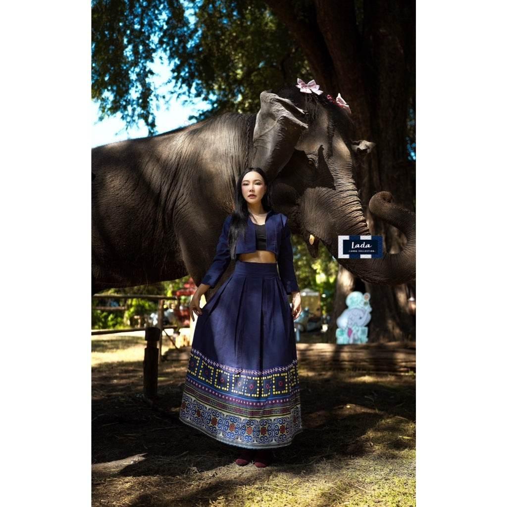 Elegant Swirl Pattern Outfit: Navy Blue Wrap Top and Pleated Skirt Set for Women in Polyester and Cotton | Sizes S–XL
