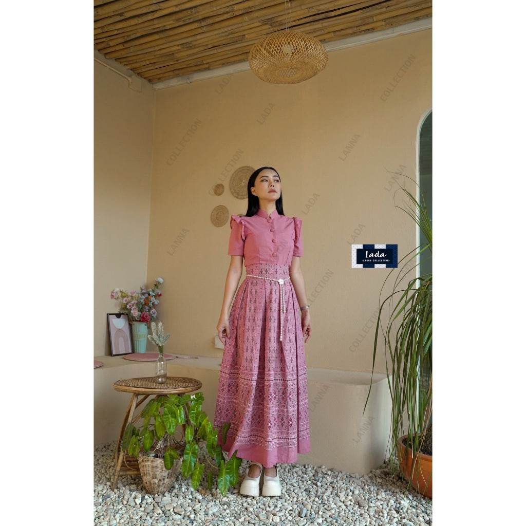 New Pink Piku Flower Print Skirt with 2 Top Styles – Cotton 2-Piece Set | S–XL Sizes for Women One-Sake.com คอปีนแขนสั้น / L คอปีนแขนสั้น / S คอปีนแขนสั้น / M คอปีนแขนสั้น / S-คอปีนแขนสั้น / M-คอปีนแขนสั้น / L-คอปีนแขนสั้น / XL-ครอปจิตรลดาระบายเล็ก / S-ครอปจิตรลดาระบายเล็ก / M-ครอปจิตรลดาระบายเล็ก / L-ครอปจิตรลดาระบายเล็ก / XL-