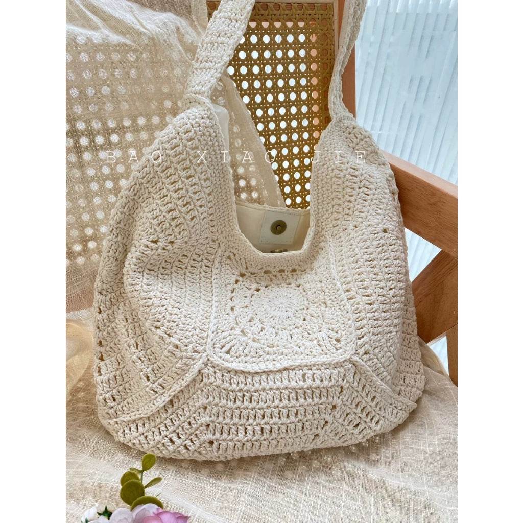 Handwoven Cotton Tote Bag for Women – Eco-Friendly Natural Fiber Shoulder Bag | 27cm x 38cm with Adjustable Strap One-Sake.com khaki white off khaki-white off-