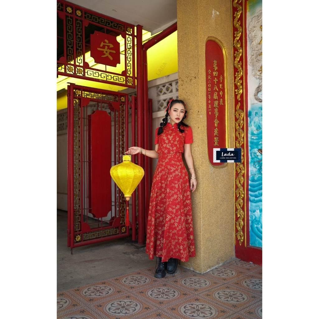 New Arrival 8-Piece Pleated Skirt Set with Mandarin Blouse | Cotton Peony Pattern for Lunar New Year & Special Events