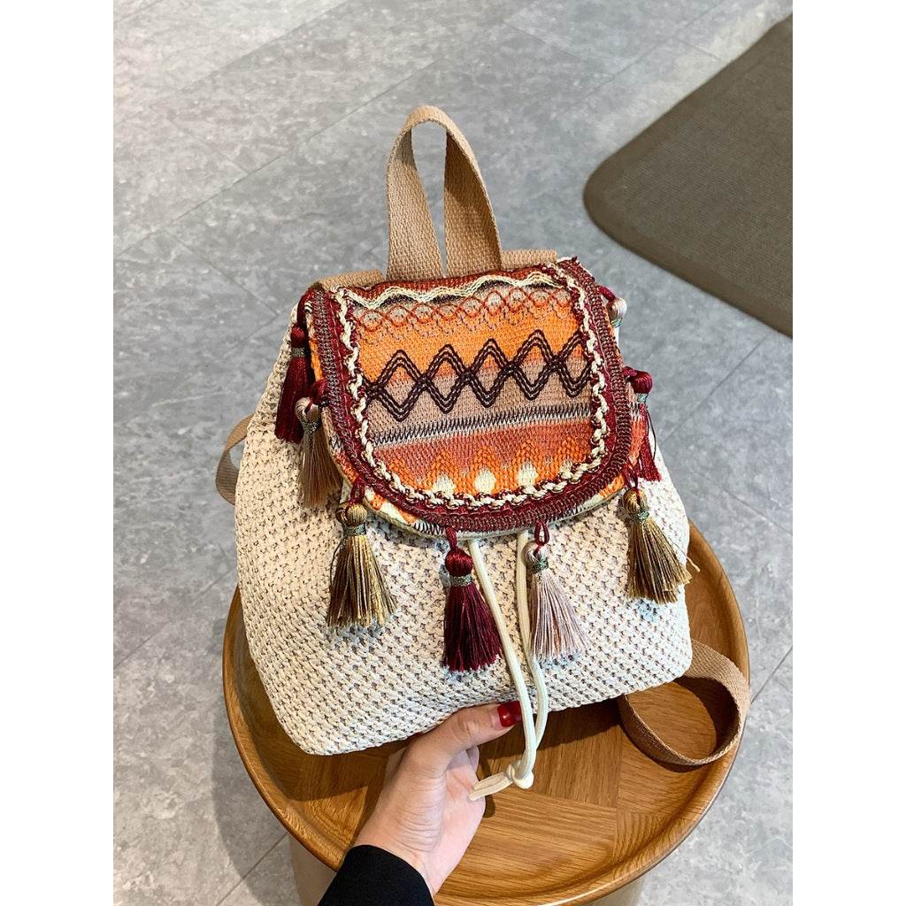 Unique Handwoven Crossbody Backpack for Women – Colorful Tassels &amp; Natural Cotton Rope | 33x22cm Size with Adjustable Strap One-Sake.com 3 1 2 1-2-3-