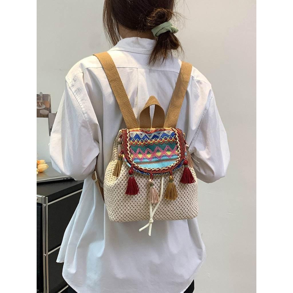 Unique Handwoven Crossbody Backpack for Women with Colorful Tassels - Natural Cotton Rope, 33x22cm, Adjustable Strap
