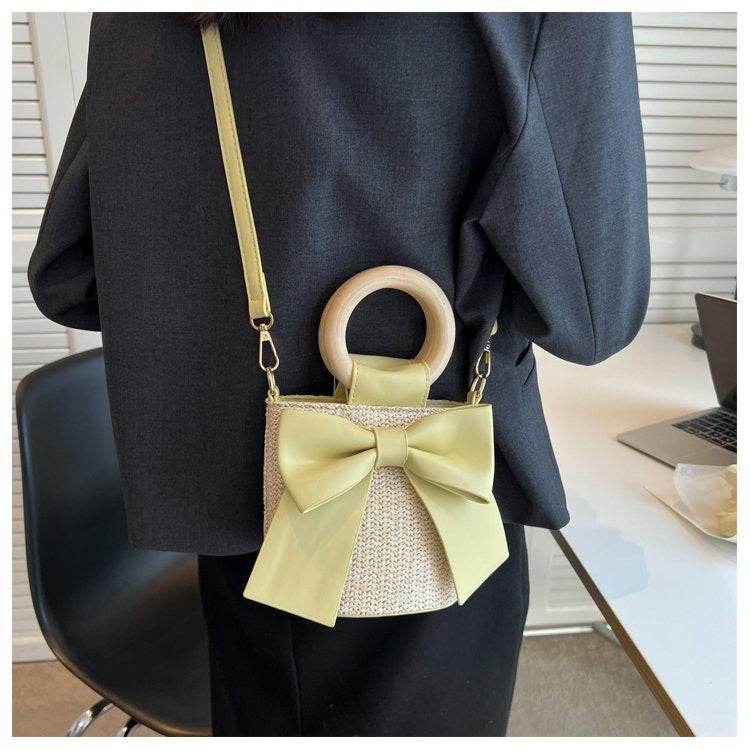 Wooden Handle Bow Shape Handwoven Bag – Perfect for Check-Ins &amp; Photos | Cotton Rope Crossbody Bag with Adjustable Strap One-Sake.com green khaki white khaki-white-green-pink-