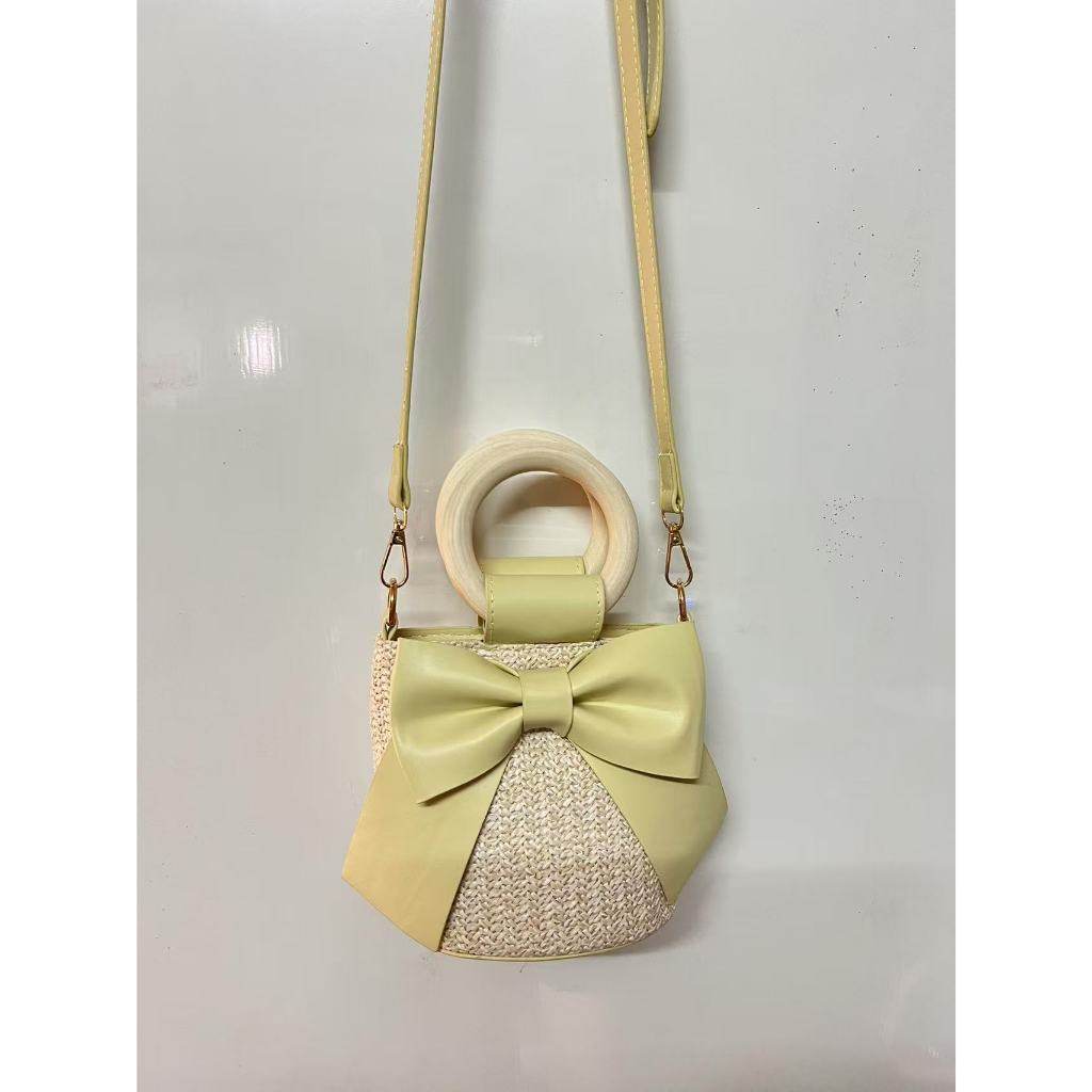 Wooden Handle Bow Shape Handwoven Bag – Perfect for Check-Ins &amp; Photos | Cotton Rope Crossbody Bag with Adjustable Strap One-Sake.com green khaki white khaki-white-green-pink-