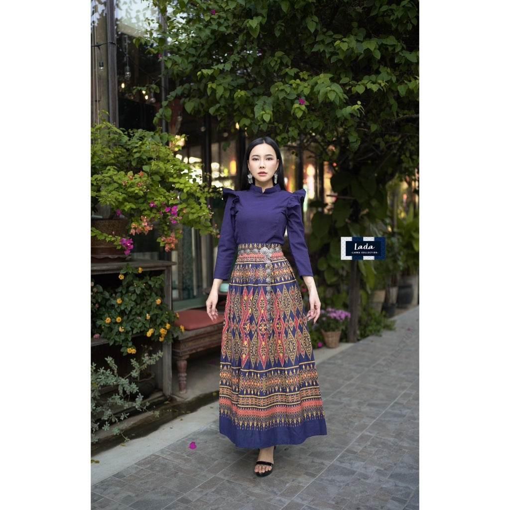 New Lanna Cotton Blouse and Skirt Set - Long Sleeve Blouse and Tie-Dye Pleated Skirt in 4 Colors