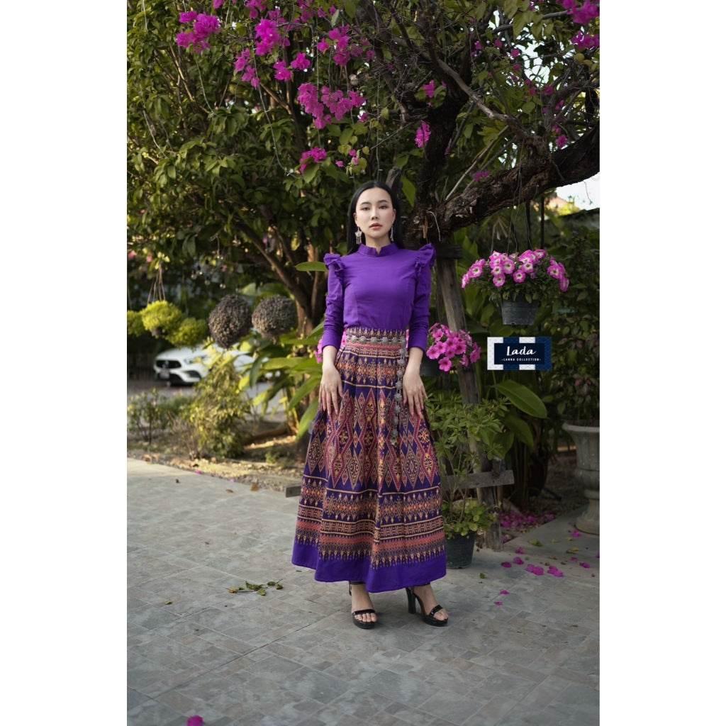 New Lanna Cotton Blouse and Skirt Set - Long Sleeve Blouse and Tie-Dye Pleated Skirt in 4 Colors