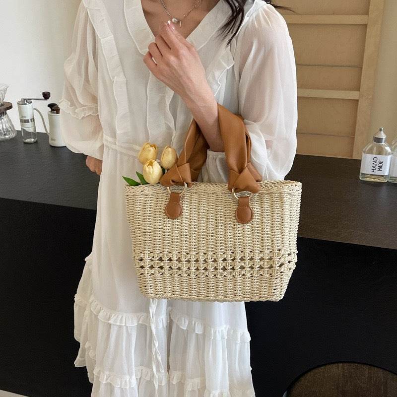 Premium Handwoven Tote Bag for Women – 20x29cm with Genuine Leather Handles | High-End Crafted Design for Styling &amp; Photoshoots One-Sake.com khaki whit off khaki-whit off-