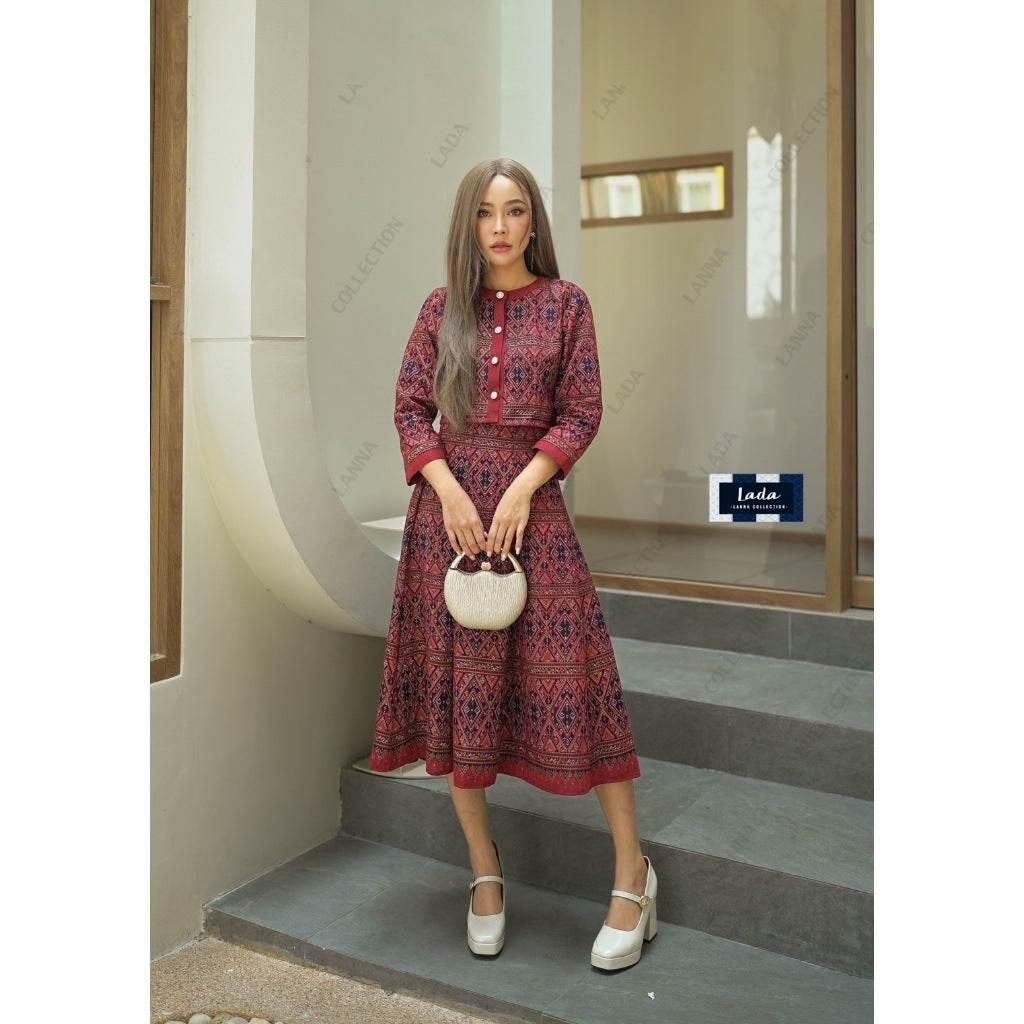 Elegant Long Sleeve Vintage Wrap Top and Skirt Set - Pleated Cotton Outfit in 3 Colors | Women's S–XL