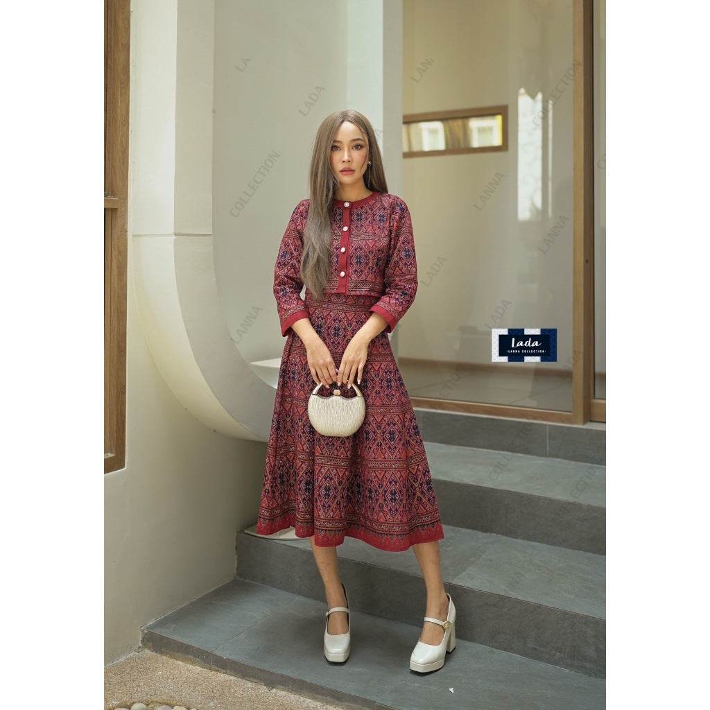 Elegant Long Sleeve Wrap Top &amp; 8-Piece Pleated Skirt Set – Old Praewa Pattern | Short Length Cotton Outfit in 3 Colors One-Sake.com แดง / L แดง / S แดง / M แดง / S-แดง / M-แดง / L-แดง / XL-นำเงิน / S-นำเงิน / M-นำเงิน / L-นำเงิน / XL-กรม / S-กรม / M-กรม / L-กรม / XL-