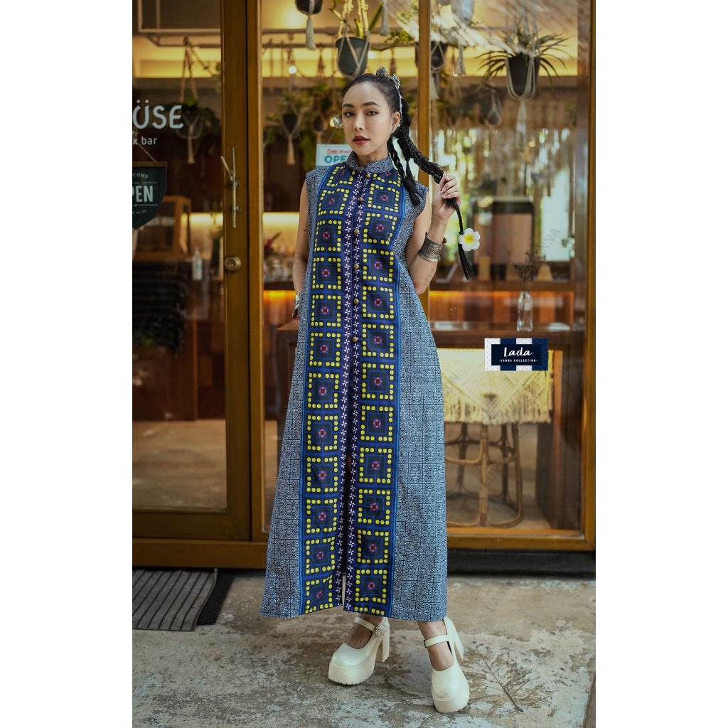 Elegant Long Cotton Cape with Red Mongtajik Pattern – Sleeveless Wrap Style for Women | Hand Wash Only One-Sake.com อก32-36 อก38-40 อก32-36-อก38-40-