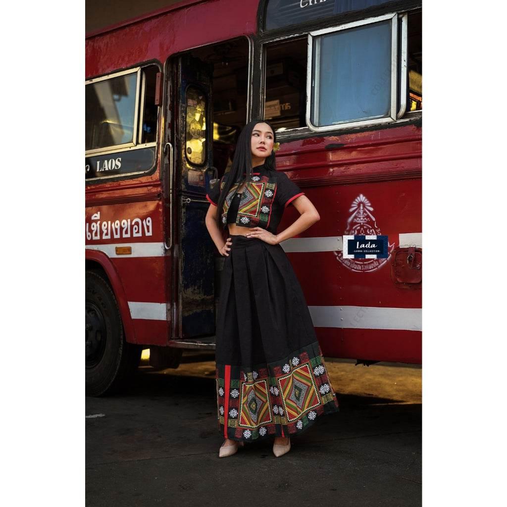 New Black Thai Pattern Cotton Set - Mandarin Collar Top & Skirt in Cream & Black | Women's Sizes S–XL