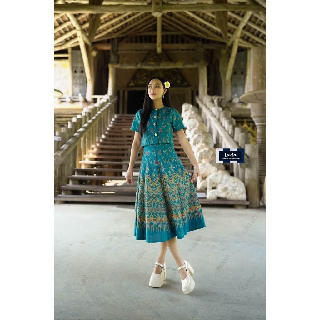 New Crop Top and Skirt Set with Pearl Buttons - 8-Piece Praewa Print Green Cotton Outfit for Women in S–XL Sizes