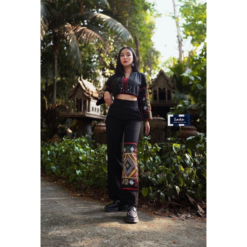 New Black Tai Print Poly Set – Wrap Top &amp; Wide-Leg Pants in Cream &amp; Black | Women’s Stylish Outfit for Daily Wear One-Sake.com ดำ / L ดำ / S ดำ / M ดำ / S-ดำ / M-ดำ / L-ดำ / XL-ครีม / S-ครีม / M-ครีม / L-ครีม / XL-