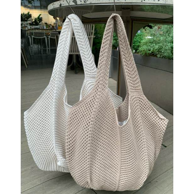 New Korean Style Handwoven Tote Bag – Large Cotton Shoulder Bag with 25cm Strap | Handmade Crafted Design for Women One-Sake.com yellow white off khaki white off-khaki-yellow-