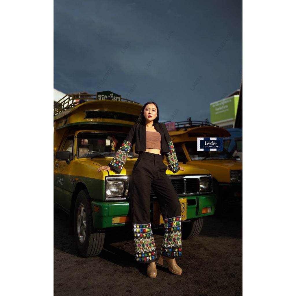 New Arrival: Mien Tribal Print Poly Wrap Blouse &amp; High Waist Pants Set | Stylish Thai-Inspired Outfit for Women One-Sake.com L S M S-M-L-XL-