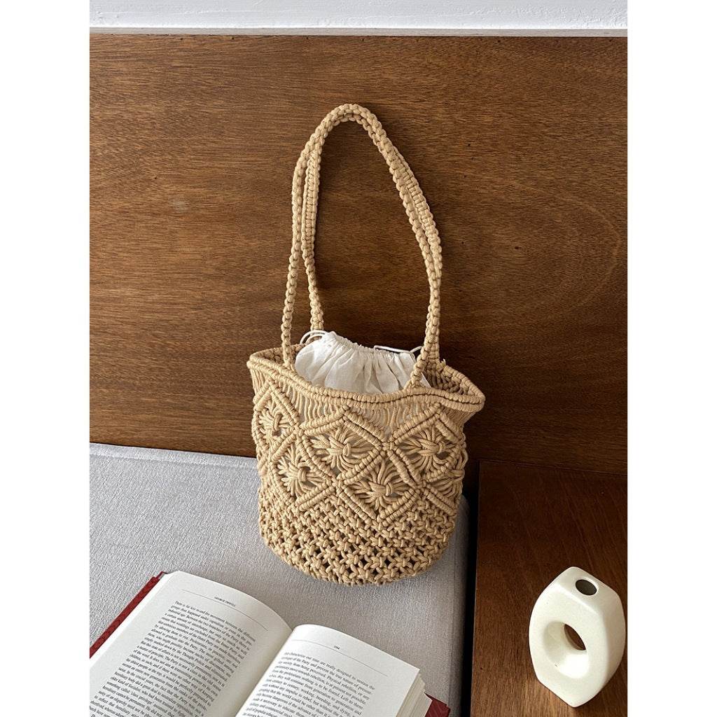 New Korean Style Handwoven Ladies Bag – Cotton Wicker Tote with Inner Pocket | Shoulder Size 28cm for Women One-Sake.com สีกากี สีขาวนวล สีกากี-สีขาวนวล-