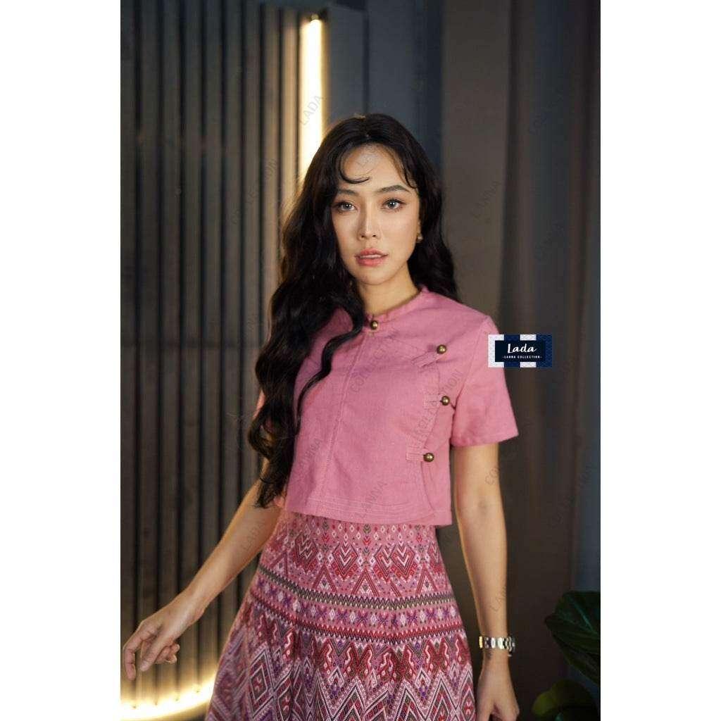 New Tai Yai Cotton Blouse | Traditional Thai Top for Women in 5 Colors, Sizes S–XL ชมพู