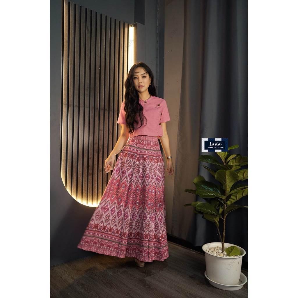 New Pink Cotton Skirt Set - Praewa Phan Maha Print 6-Piece Women's Crop Top & Pleated Outfit | Sizes S–XL