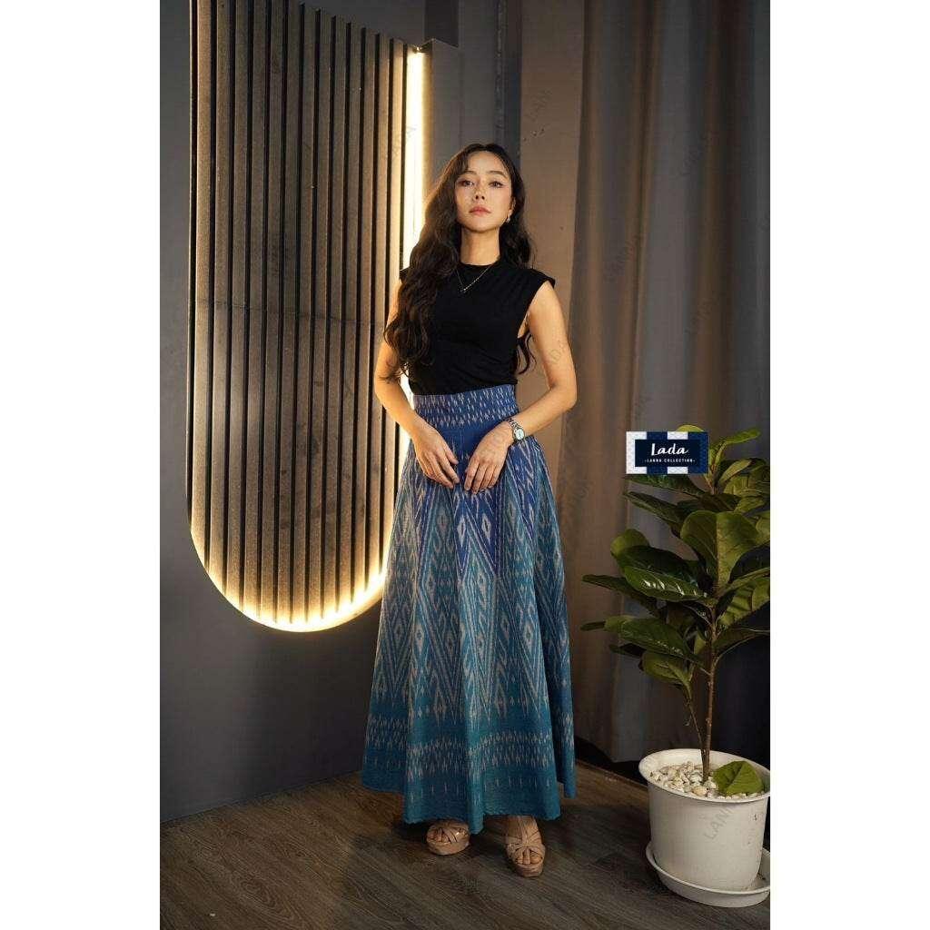 New Two-Tone Cotton Pleated Skirt for Women – High Waist Design with Zipper Back | Sizes S–XL Available ฟ้า