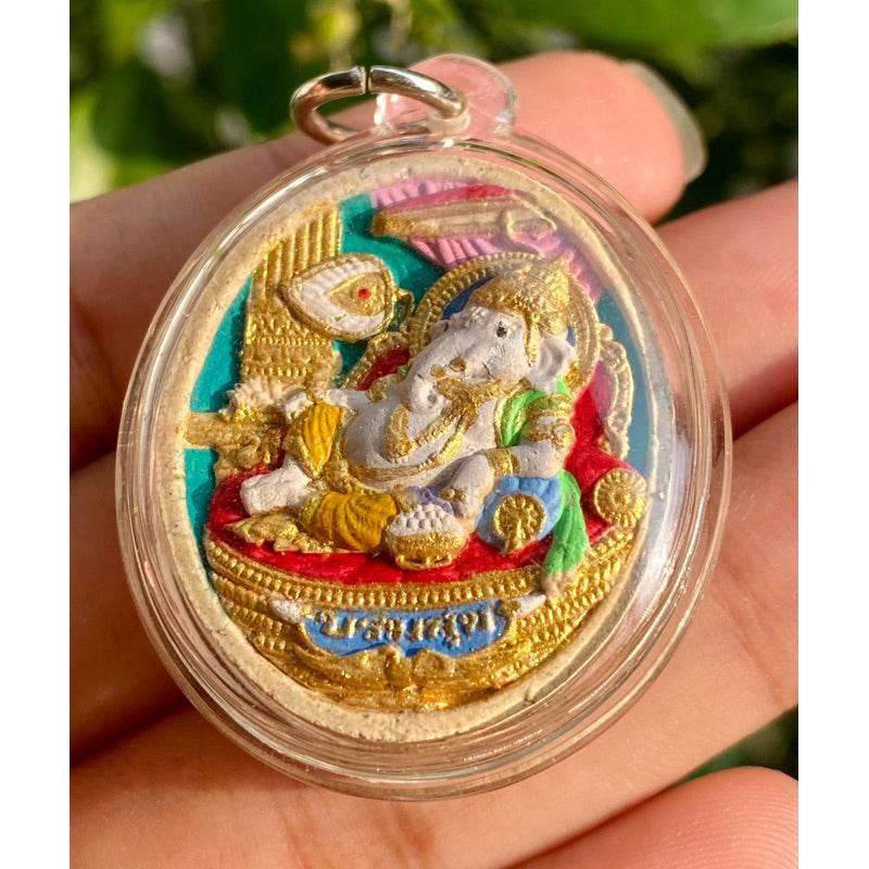 Ganesha Prosperity Amulet - Borom Suk Edition Sacred Wood with Silver Takrut by Luang Phor Pramot Wat Khao Cha Ngum