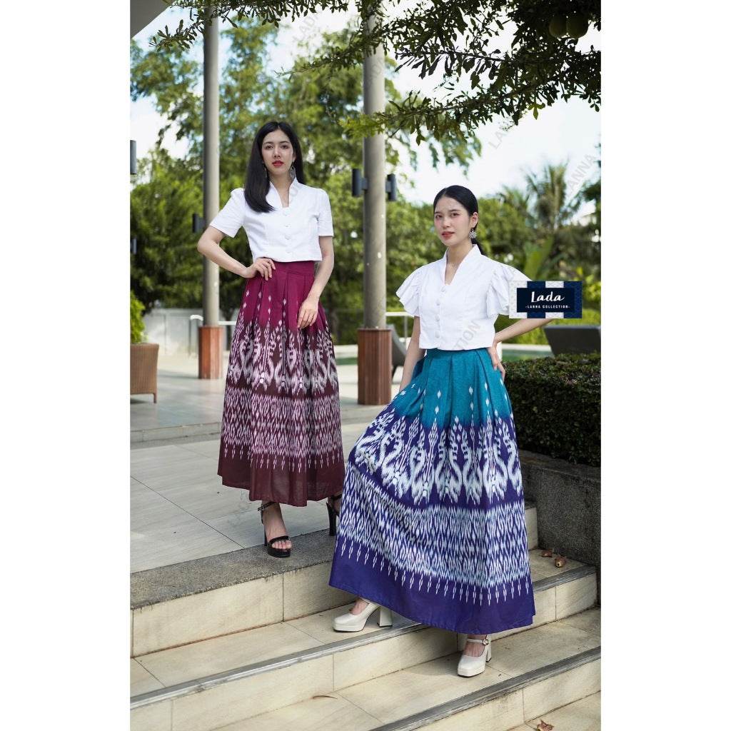 New Arrival: Twin Naga Print Cotton Blouse &amp; Skirt Set | High Waist Pleated Skirt with Thai Folklore Design One-Sake.com คอปีนแขนสั้นบานเย็น / L คอปีนแขนสั้นบานเย็น / S คอปีนแขนสั้นบานเย็น / M คอปีนแขนสั้นบานเย็น / S-คอปีนแขนสั้นบานเย็น / M-คอปีนแขนสั้นบานเย็น / L-คอปีนแขนสั้นบานเย็น / XL-คอปีนแขนสั้นฟ้าทะเล / S-คอปีนแขนสั้นฟ้าทะเล / M-คอปีนแขนสั้นฟ้าทะเล / L-คอปีนแขนสั้นฟ้าทะเล / XL-