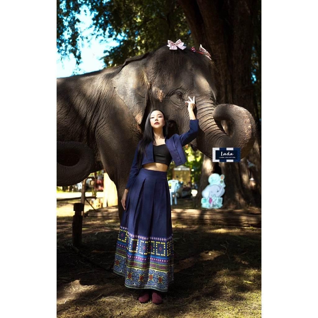 Elegant Swirl Pattern Outfit: Navy Blue Wrap Top and Pleated Skirt Set for Women in Polyester and Cotton | Sizes S–XL S