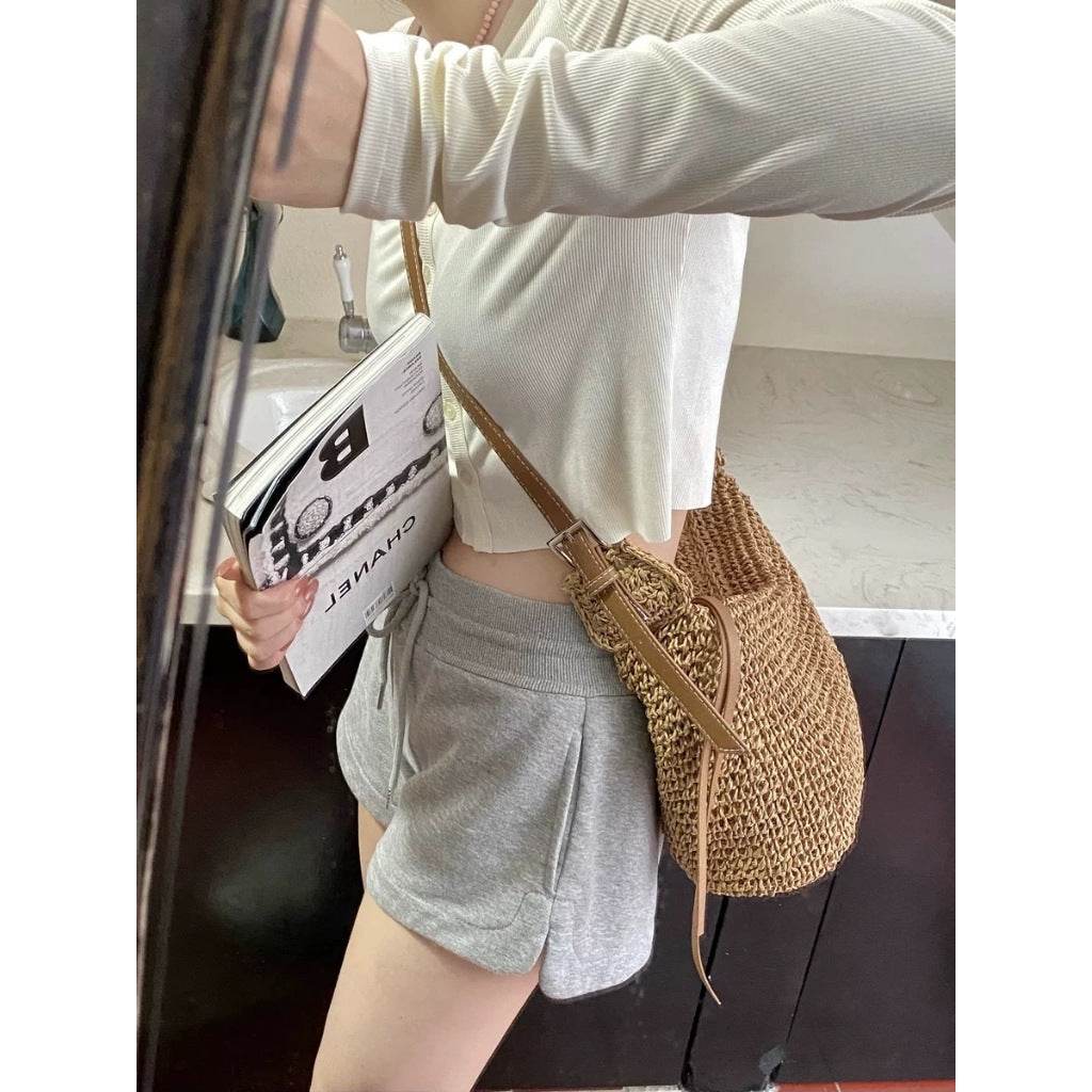 Korean Style Handwoven Cotton Tote Bag – Adjustable Long Strap &amp; Lining | Approx. 21cm x 30cm with 60cm Strap One-Sake.com khaki white off khaki-white off-