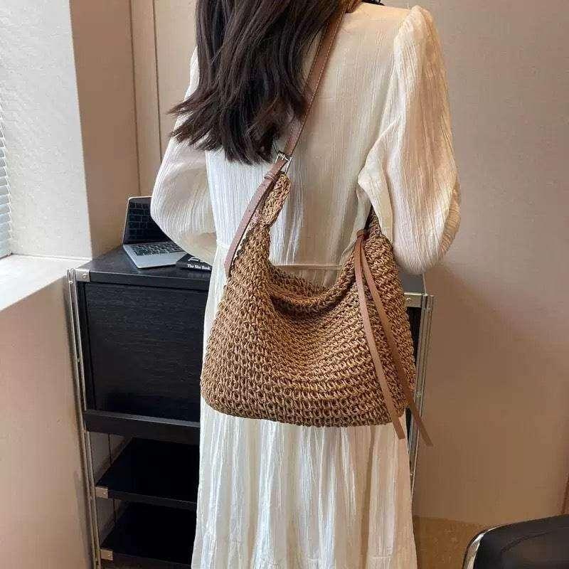 Korean Handwoven Cotton Tote Bag with Adjustable Long Strap and Lining - 21cm x 30cm, 60cm Strap Length