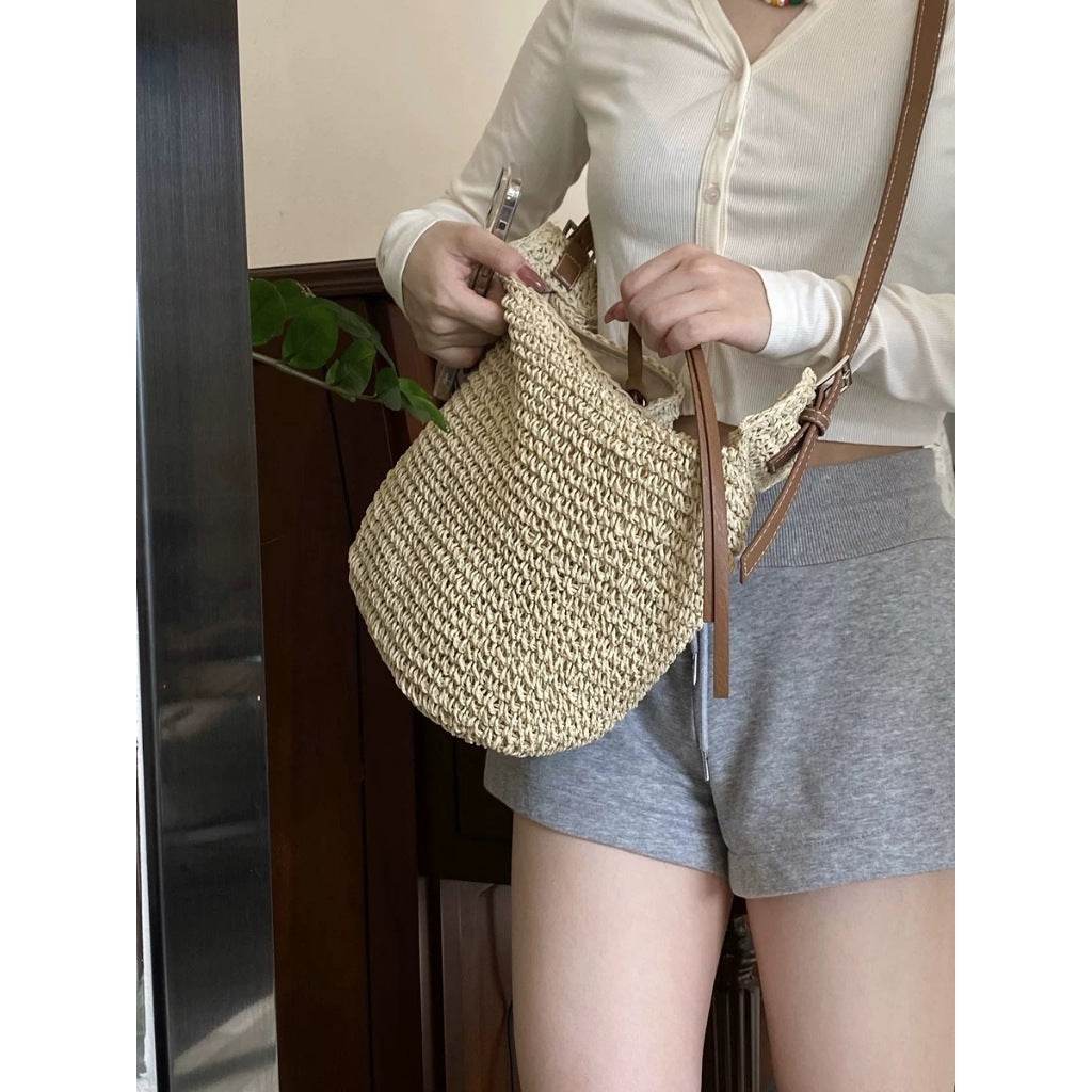 Korean Style Handwoven Cotton Tote Bag – Adjustable Long Strap &amp; Lining | Approx. 21cm x 30cm with 60cm Strap One-Sake.com khaki white off khaki-white off-