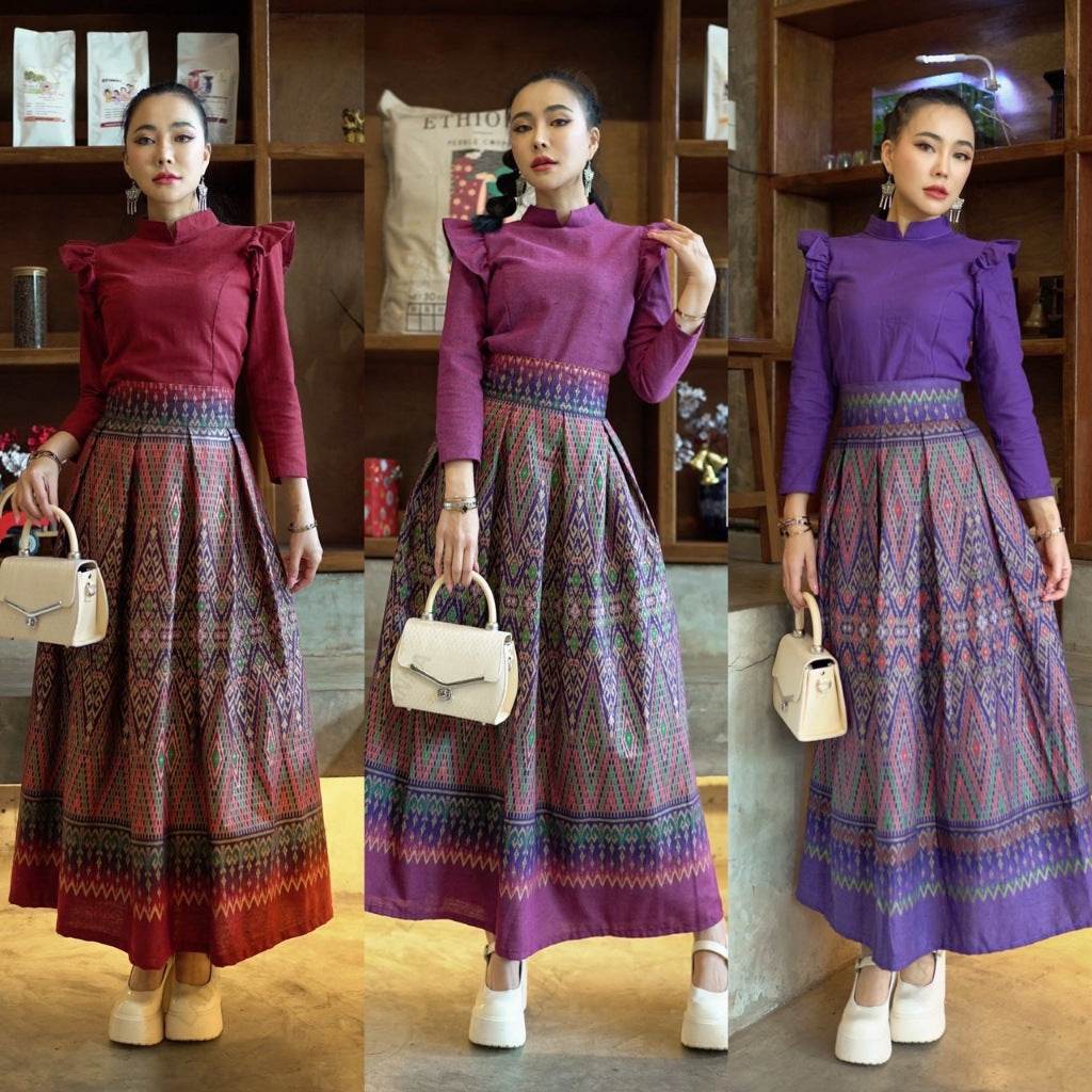 New Ancient Betel Nut Pattern 2-Piece Cotton Set – Wing Sleeve Top &amp; Pleated Skirt in 3 Colors | S–XL Sizes for Women One-Sake.com ม่วง / L ม่วง / S ม่วง / M ม่วง / S-ม่วง / M-ม่วง / L-ม่วง / XL-บานเย็น / S-บานเย็น / M-บานเย็น / L-บานเย็น / XL-แดงไวน์ / S-แดงไวน์ / M-แดงไวน์ / L-แดงไวน์ / XL-