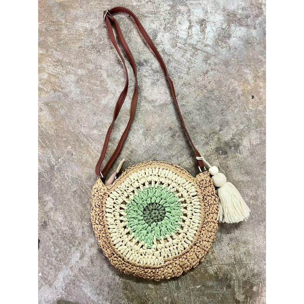 Retro Style Handwoven Bag for Women – Cute Tassel &amp; Leather Strap | Small Cotton Rope Crossbody Bag with Adjustable Strap One-Sake.com green khaki pink khaki-pink-green-