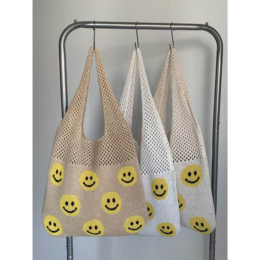 Smiley Face Crochet Bag – Colorful Handmade Shoulder Tote with 30cm Strap | Large Capacity Cotton Rope Bag 40cm Width One-Sake.com white khaki white off khaki-white off-white-
