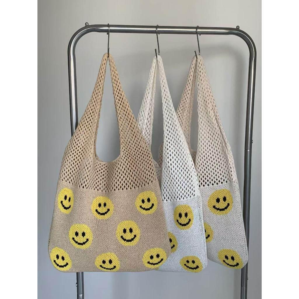 Smiley Face Crochet Bag – Colorful Handmade Cotton Rope Tote with 30cm Strap | Large Capacity 40cm Shoulder Bag