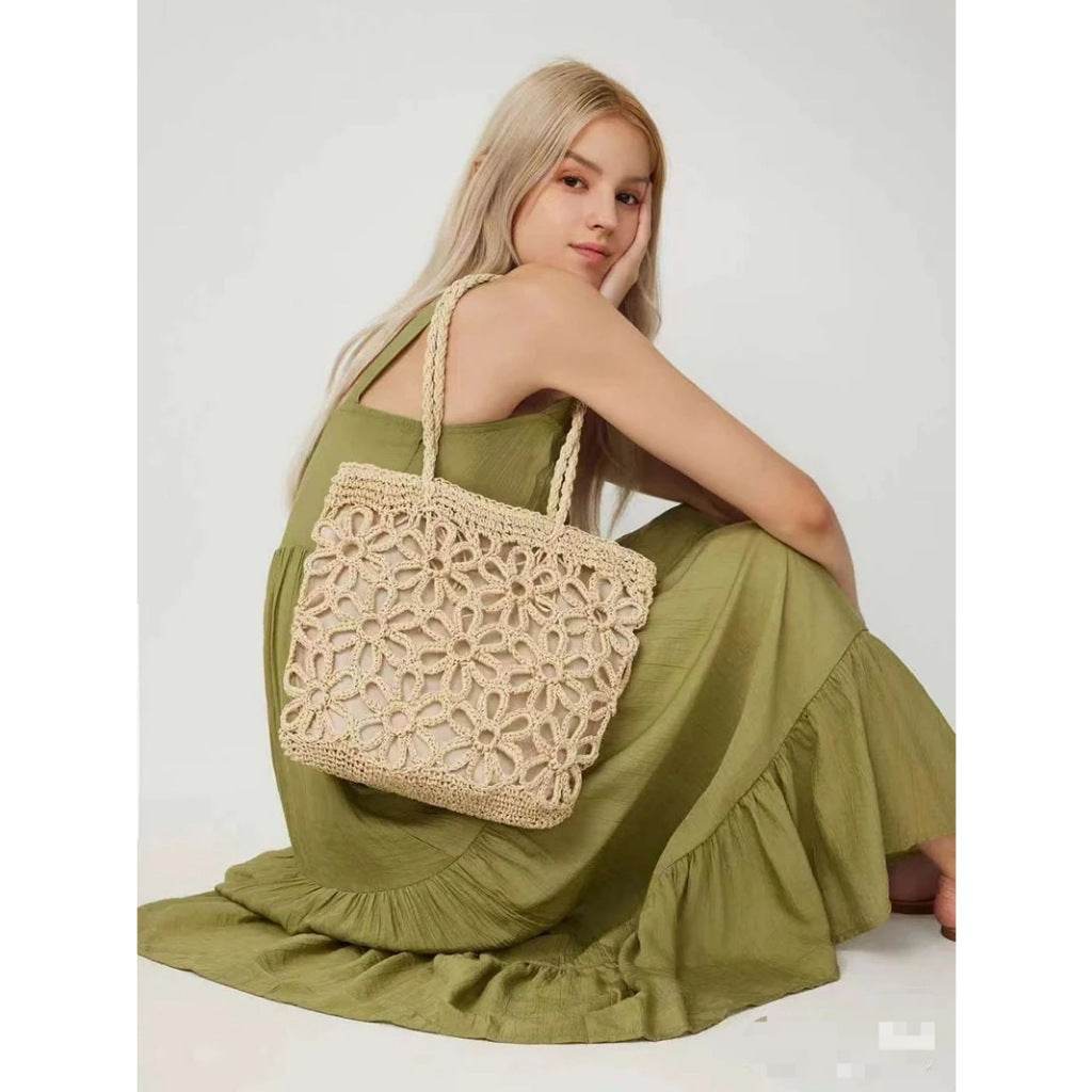 Handwoven Floral Mini Tote Bag for Women – Cotton Rope &amp; Natural Material | 30cm Shoulder Bag with Style &amp; Craftsmanship One-Sake.com khaki white off khaki-white off-