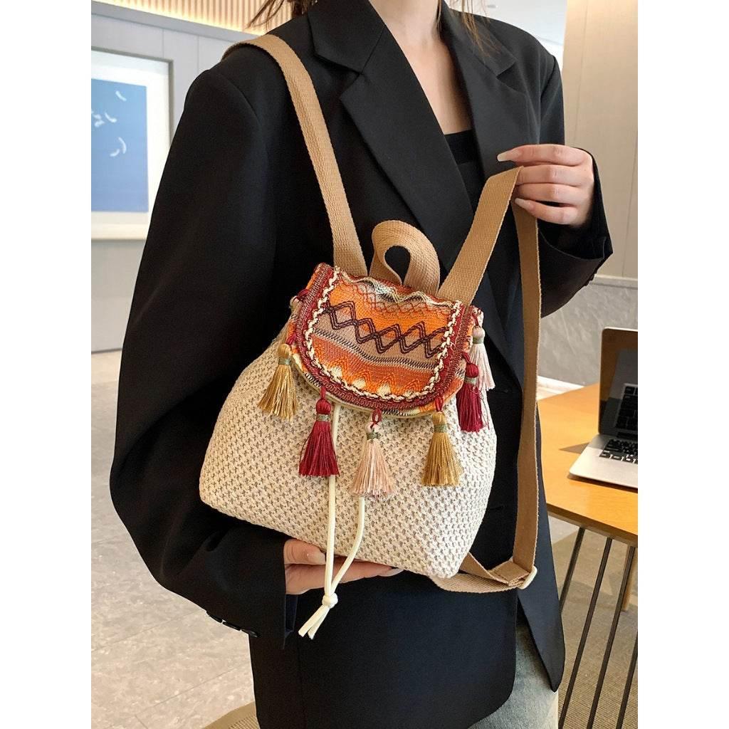 Unique Handwoven Crossbody Backpack for Women with Colorful Tassels - Natural Cotton Rope, 33x22cm, Adjustable Strap