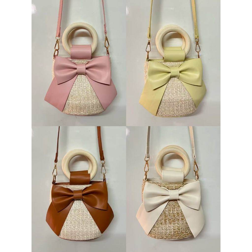 Wooden Handle Bow Shape Handwoven Bag – Perfect for Check-Ins &amp; Photos | Cotton Rope Crossbody Bag with Adjustable Strap One-Sake.com green khaki white khaki-white-green-pink-