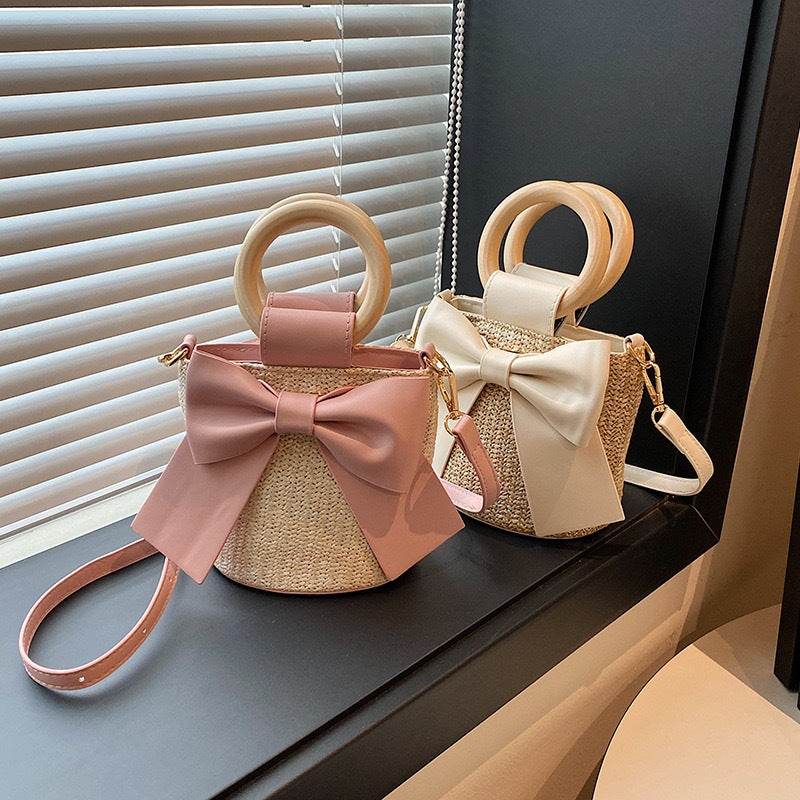 Wooden Handle Bow Shape Handwoven Bag – Perfect for Check-Ins &amp; Photos | Cotton Rope Crossbody Bag with Adjustable Strap One-Sake.com green khaki white khaki-white-green-pink-
