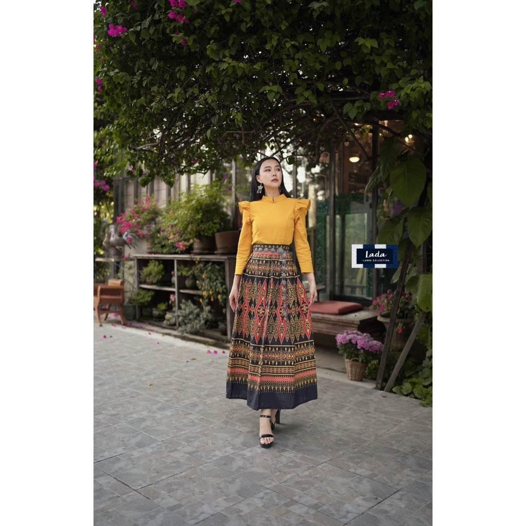 New Lanna Cotton Blouse and Skirt Set - Long Sleeve Blouse and Tie-Dye Pleated Skirt in 4 Colors