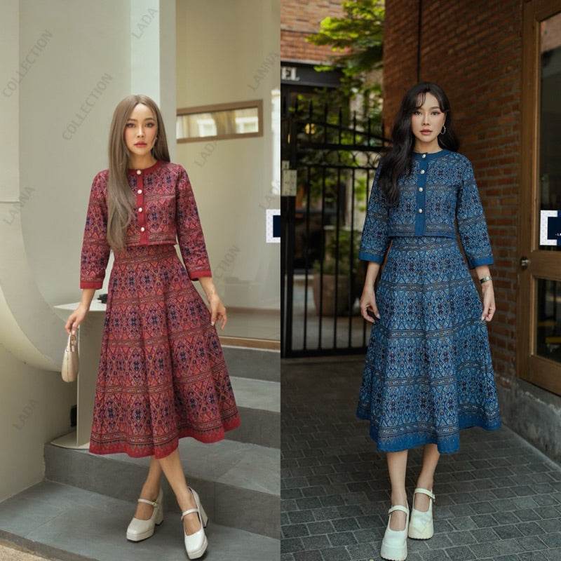 Elegant Long Sleeve Wrap Top &amp; 8-Piece Pleated Skirt Set – Old Praewa Pattern | Short Length Cotton Outfit in 3 Colors One-Sake.com แดง / L แดง / S แดง / M แดง / S-แดง / M-แดง / L-แดง / XL-นำเงิน / S-นำเงิน / M-นำเงิน / L-นำเงิน / XL-กรม / S-กรม / M-กรม / L-กรม / XL-