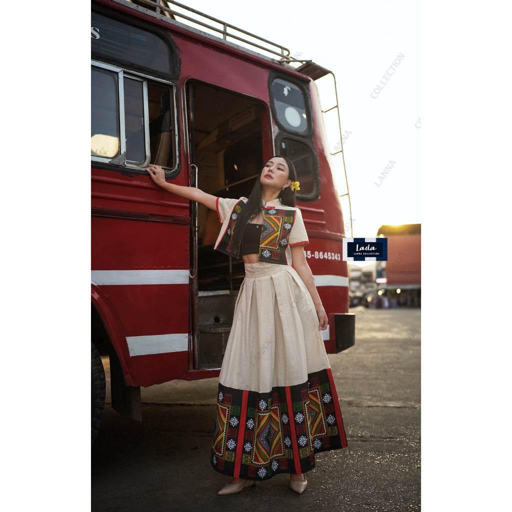 New Black Thai Pattern Cotton Set - Mandarin Collar Top & Skirt in Cream & Black | Women's Sizes S–XL