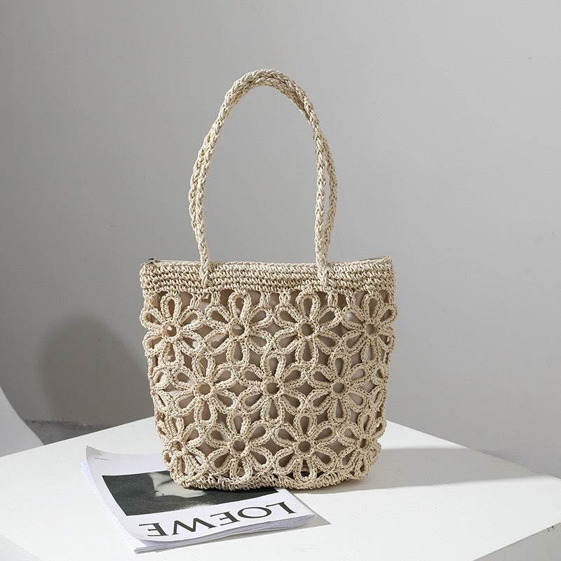 Handwoven Floral Mini Tote Bag for Women – Cotton Rope &amp; Natural Material | 30cm Shoulder Bag with Style &amp; Craftsmanship One-Sake.com khaki white off khaki-white off-