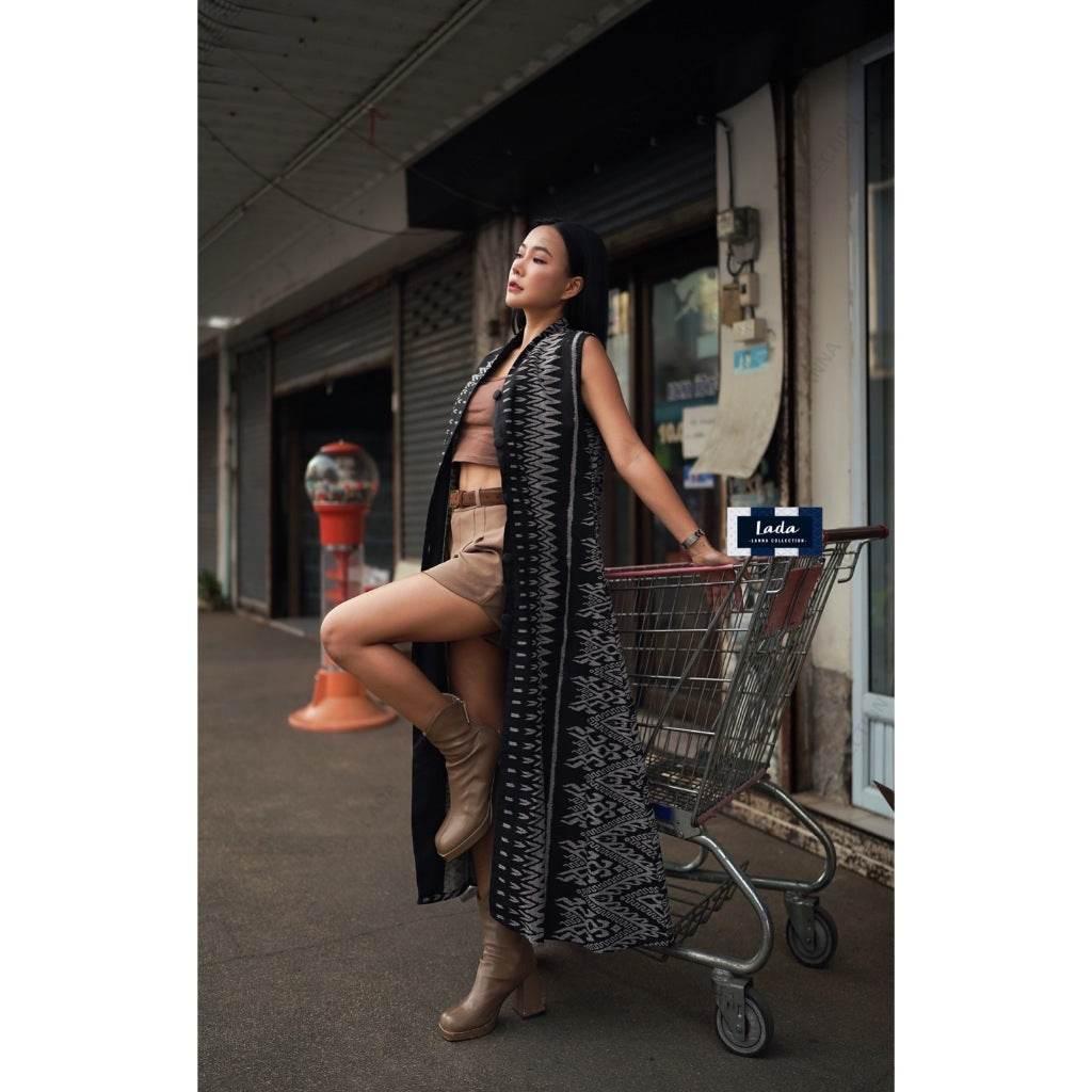 New Long Fishbone Print Wrap Coat for Women - 50 Inch Length and Front Buttons, Two Sizes Available