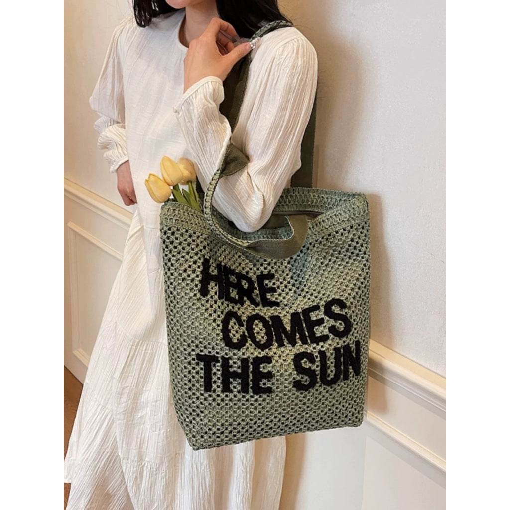 Large Handwoven English Letter Tote Bag for Women – Spacious Cotton Rope &amp; Natural Fiber Shoulder Bag | 39cm x 41cm Travel &amp; Daily Use One-Sake.com green khaki white off khaki-white off-green-