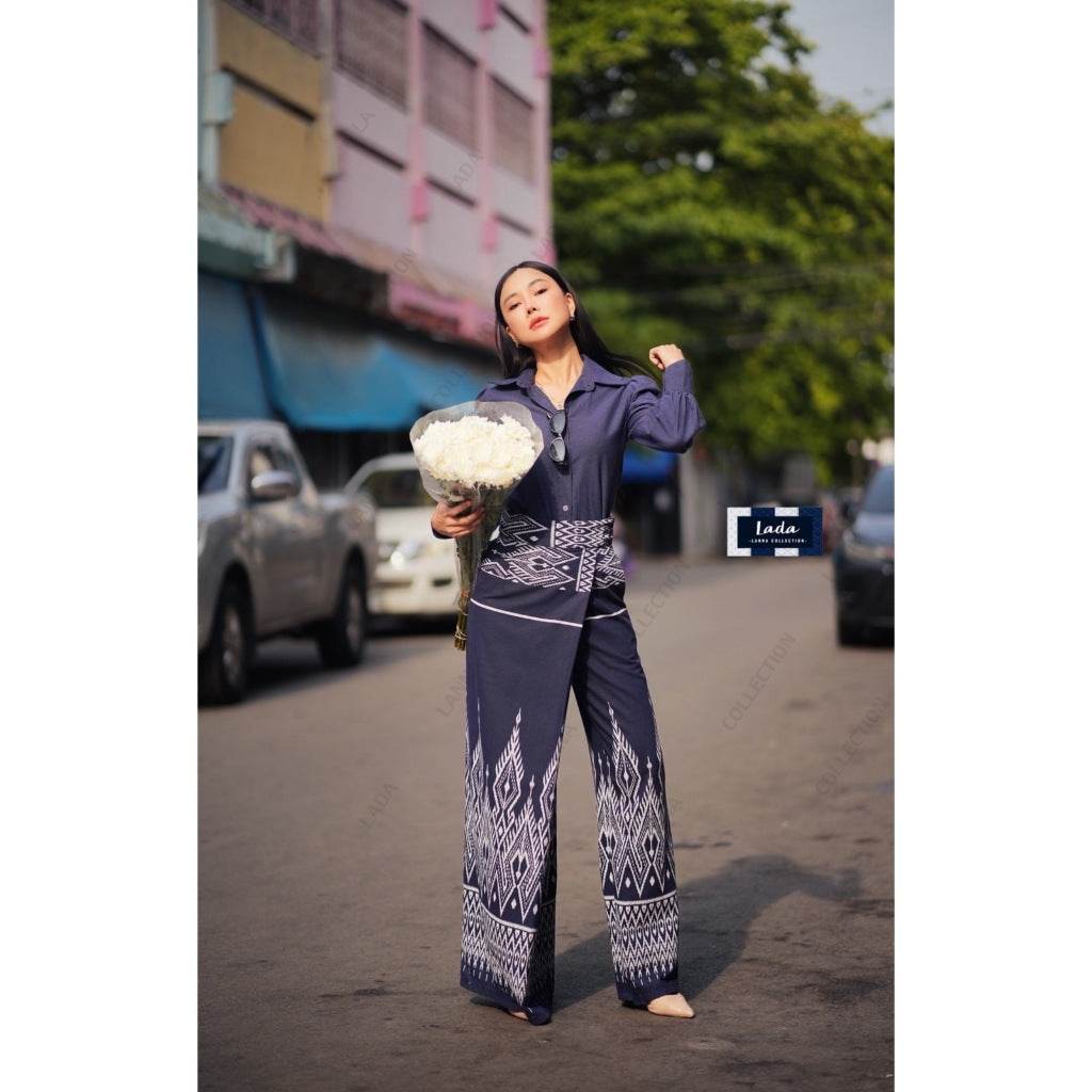 New Lisa Print Cotton Set – Long Sleeve Shirt &amp; Wide-Leg Pants in 3 Colors | S–XL Sizes for Women One-Sake.com กรม / L กรม / S กรม / M กรม / S-กรม / M-กรม / L-กรม / XL-แดง / S-แดง / M-แดง / L-แดง / XL-ม่วง / S-ม่วง / M-ม่วง / L-ม่วง / XL-