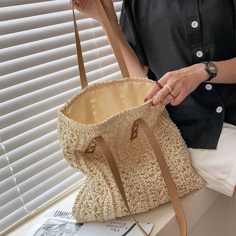 Korean Style Square Handwoven Bag – Cotton Rope Shoulder Tote with 25cm Strap | 37cm Width Woven Basket Bag for Women One-Sake.com สีน้ำตาล สีขาวนวล สีกากี สีขาวนวล-สีกากี-สีน้ำตาล-