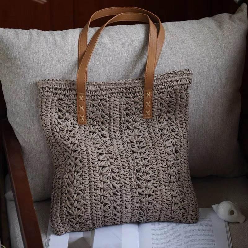 Korean Handwoven Tote Bag - Square Cotton Rope Shoulder Bag with 25cm Strap | 37cm Woven Basket Bag for Women สีน้ำตาล
