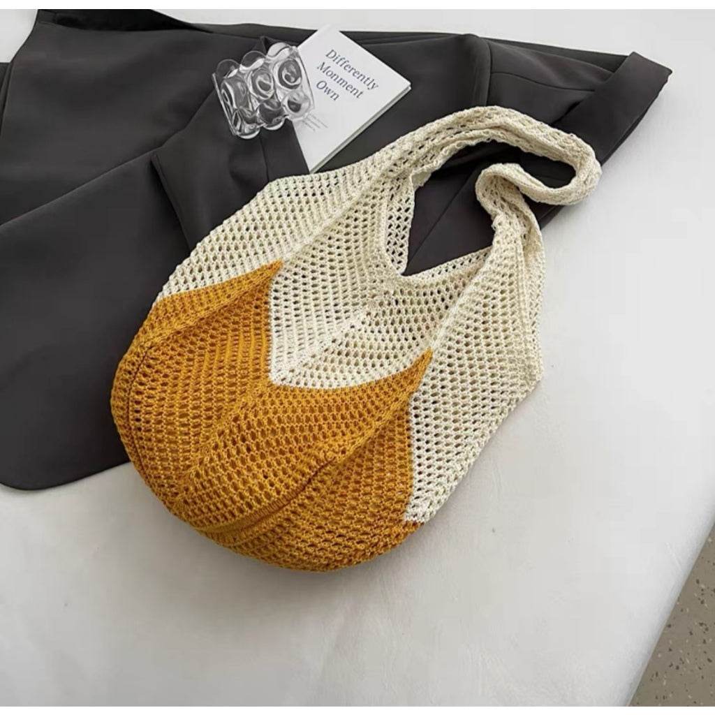 New Korean Style Handwoven Tote Bag – Large Cotton Shoulder Bag with 25cm Strap | Handmade Crafted Design for Women One-Sake.com yellow white off khaki white off-khaki-yellow-
