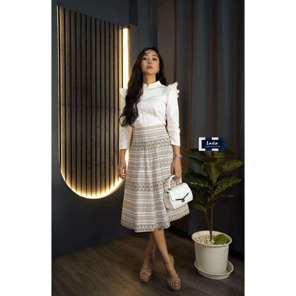 Thai Wing Sleeve Blouse Skirt Set in Navy & White Temple Print | Women's Cotton Outfit with 10-Piece Floral Skirt