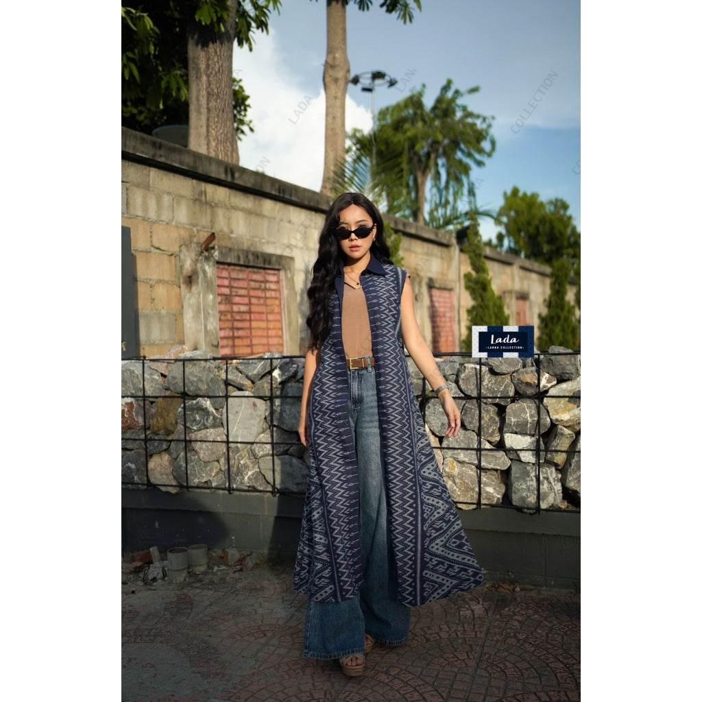 Long Fishbone Print Wrap Coat - Women's Classic Shirt Collar - Available in Sizes M & XL